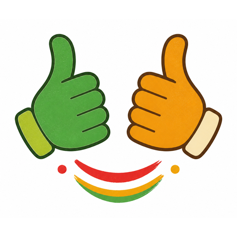 Hands-on Smile 브랜드 마크 — 두 엄지손과 다채로운 미소